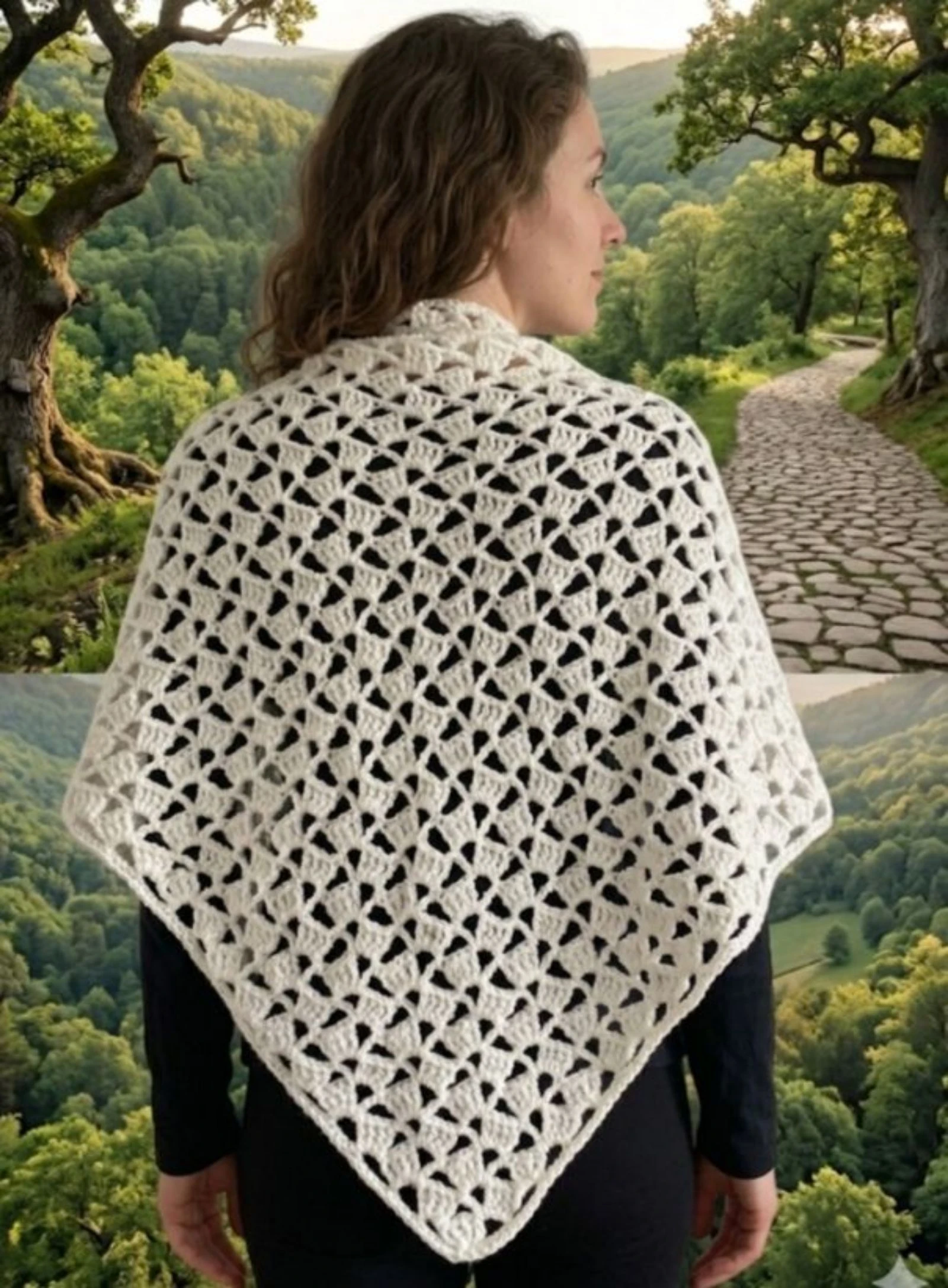 Handmade ecru white crocheted shawl — Openwork & asymmetrical stitch – photo 8